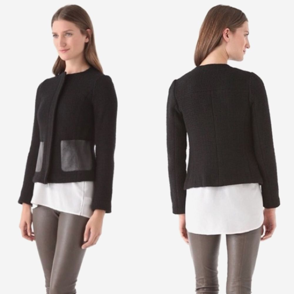 Talbots Black Boucle Tweed Moto Jacket Womens 8 Zip Leather Patch Pockets Career